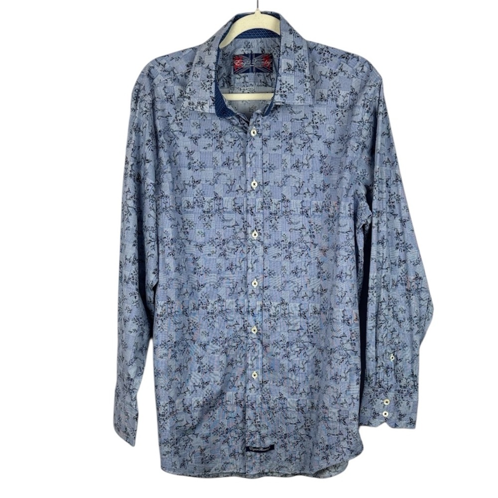 English Laundry Blue Cotton Blend Micro Floral Print Long Sleeve Dress Shirt